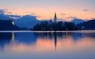 Обои озеро, утро, рассвет, Словения, Блед