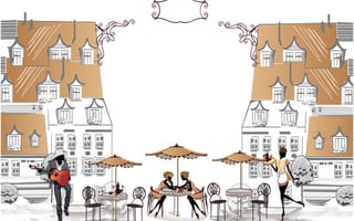 Картинка здание, кафе, музыка, площадь, улица, парень, столики, девушки