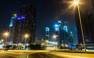 Картинка дорога, ночь, Арабские Эмираты, огни, Дубай, Dubai, ОАЭ, небоскребы
