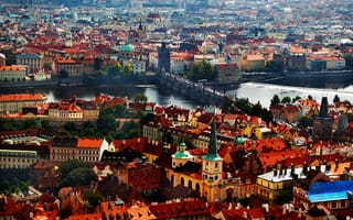 Картинка башня, дома, панорама, Прага, Карлов мост, река, Чехия