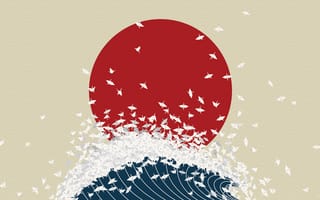 Картинка минимализм, восходящее солнце, япония, волна, оригами