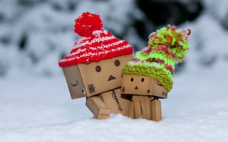 Картинка коробка, зима, шапки, danbo, снег, мороз