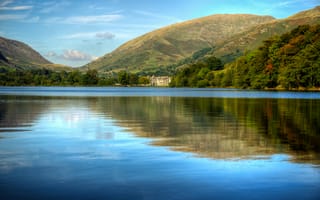 Картинка деревья, горы, Англия, Grasmere, озеро