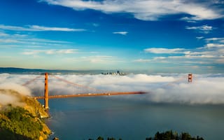Картинка мост, туман, Золотые ворота, город, Сан-Франциско, залив, небо, облака