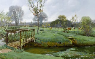 Обои картина, река, облака, мостик, трава, пейзаж, ручей, Сэмюэл Бёрч, небо, луг, Пейзаж с коровами на лугу, коровы