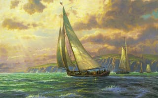 Картинка New Horizons, Thomas Kinkade, парусники, sea, Томас Кинкейд, живопись, Новые горизонты, парус, painting, волны, море