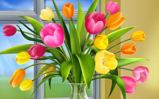 Картинка окно, тюльпаны, ваза