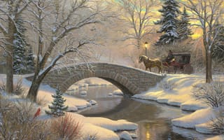 Картинка Evening Romance, снег, painting, закат, река, живопись, карета, мост, forest, елка, лес, ёлочка, river, ели, лошадь, winter, переливающийся, зима, art, Mark Keathley, птица, фонарь