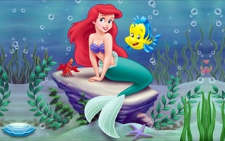 Картинка Little mermaid, мультфильм, Ариэль, водоросли, Дисней, море, Ariel, Маленькая русалочка, Disney, рыба-луна, краб, русалка