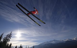 Картинка ski jumping, горы, зима, небо, прыжки с трамплина, солнце