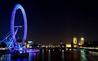 Обои здания, thames, great britain, англия, река, чертово колесо, uk, город, ночь, лондон, england, 2560x1600, столица, колесо обозрения, панорама, темза, вид, великобритания, огни, london eye, london