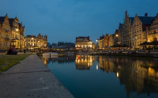 Картинка Гент, набережная, Бельгия, дома, огни, Фландрия, канал, ночь, люди, небо