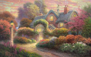 Обои Rosebud Cottage, цветы, сад, Томас Кинкейд, flowers, cottage, Thomas Kinkade, painting, живопись, фонарь, флюгер, коттедж