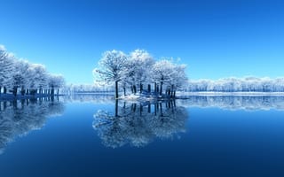 Картинка Природа, зима, озеро, отражение, деревья, снег