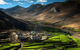 Картинка китай, горы, himalayas, china, тибет, деревня, гималаи, домики, tibet