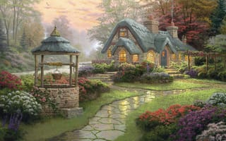 Обои Пейзаж, лес, цветы, коттедж, колодезь, дорожка, Make A Wish Cottage, живопись, Thomas Kinkade