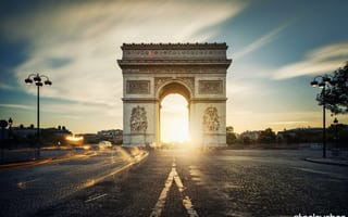 Обои Arc de Triomphe, Триумфальная арка, France, Франция, Paris, город, дорога, Париж, вечер, выдержка