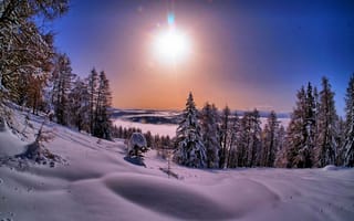 Картинка snow, снег, зима, sunset, природа, пейзаж, landscape, white, небо, sky, winter, nature