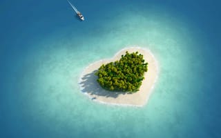 Картинка Love island, острова, катер, море, пальмы, любовь, сердце, тропики