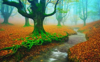 Картинка Бук, страна Басков, ручей, река, осень, деревья, мох, Ноябрь, Испания, Бискайя, Алава, листва