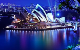 Картинка здание оперного театра в Сиднее, Сидней, вода, театр, яхта, растения, город, дерево, ночь