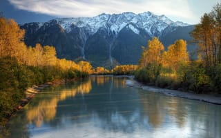 Картинка осень, небо, снег, река, горы, деревья