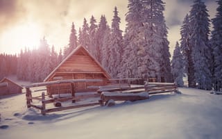 Картинка snow, landscape, деревня, снег, елки, winter, зима, хижина