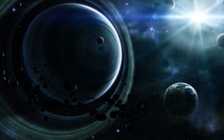 Картинка Астероиды, туманности, звезды, кольца, планеты