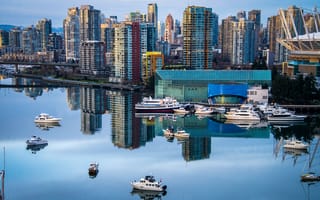Картинка небоскребы, Канада, город, Ванкувер, река, катера, дома