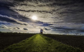 Картинка ветряная мельница, поле, облака, солнце, небо, Stevington, Соединенное Королевство, Англия