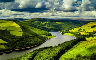 Картинка поля, Ladybower, пейзаж, Великобритания, река, лес, облака, природа