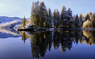 Картинка природа, небо, озеро, зима, лес, отражение