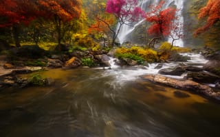 Картинка скала, лес, водопад, река, камни, осень, деревья