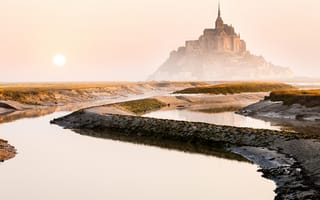 Картинка утро, город, Мон-Сен-Мишель, Франция, солнце, остров-крепость