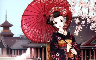 Картинка арт, сакура, nardack, кимоно, девушка, гейша, зонт
