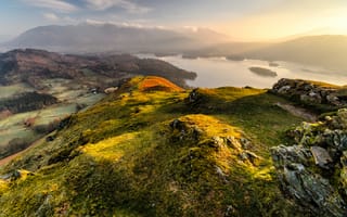 Картинка свет, утро, озёра, холмы, национальный парк Озёрный край, горы, Англии, графство Камбрия
