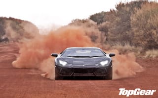 Картинка Lamborghini, высшая передача, чёрный, дорога, пыль, деревья, top gear, ламборгини, Aventador, передок, авентадор, суперкар, топ гир, LP700-4