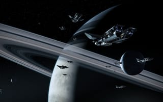 Картинка Stiv Burg, кольца, газовый гигант, spaceships, спутники
