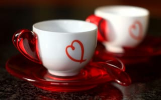 Картинка White cups, spoon, чашка, red heart, красное, сердце, белая, ложка