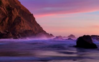 Обои закат, калифорния, скала, пфайффер, сумерки, pfeiffer beach, california, камни, пляж, тихий, океан