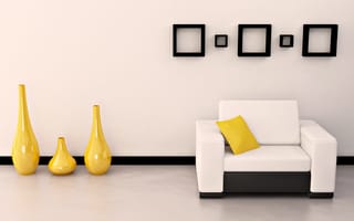 Картинка интерьер, комната, рамки, диван, стиль, квартира, форма, дизайн, желтый, яркий, черный, вазы, белый, подушка