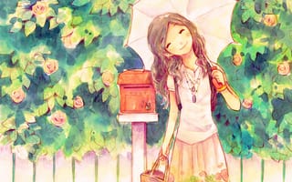 Картинка улыбка, девочка, хорошее настроение, зонт, почтовый ящик
