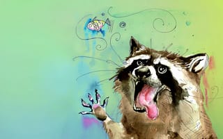 Картинка енот, потаскун, животное, цвет, рыба, акварель, полоскун, пузырь, рисунок, язык
