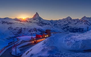 Картинка Швейцария, закат, Февраль, небо, горы, курорт, зима, Альпы, солнце