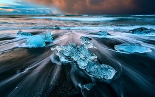Картинка зима, облака, пляж, Исландия, лёд, небо, ледниковая лагуна Йёкюльсаурлоун, Декабрь, выдержка