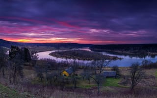 Картинка утро, река, Литва, вечер, домики, деревья