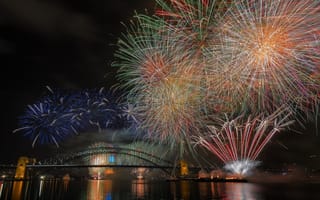 Обои Sydney, ночь, мост, огни, Австралия, 2015, феерверк, Харбор-Бридж