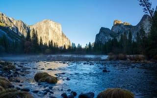 Обои деревья, камни, Национальный парк Йосемити, США, Yosemite National Park, скалы, Калифорния, речка