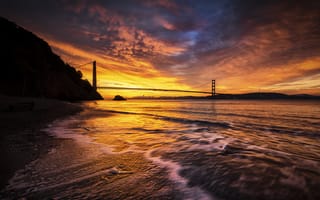 Картинка мост, Сан-Франциско, небо, США, Золотые Ворота, облака, пролив, зарево