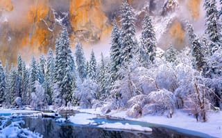 Картинка горы, зима, США, лес, скалы, национальный парк Йосемити, река, снег, штат Калифорния